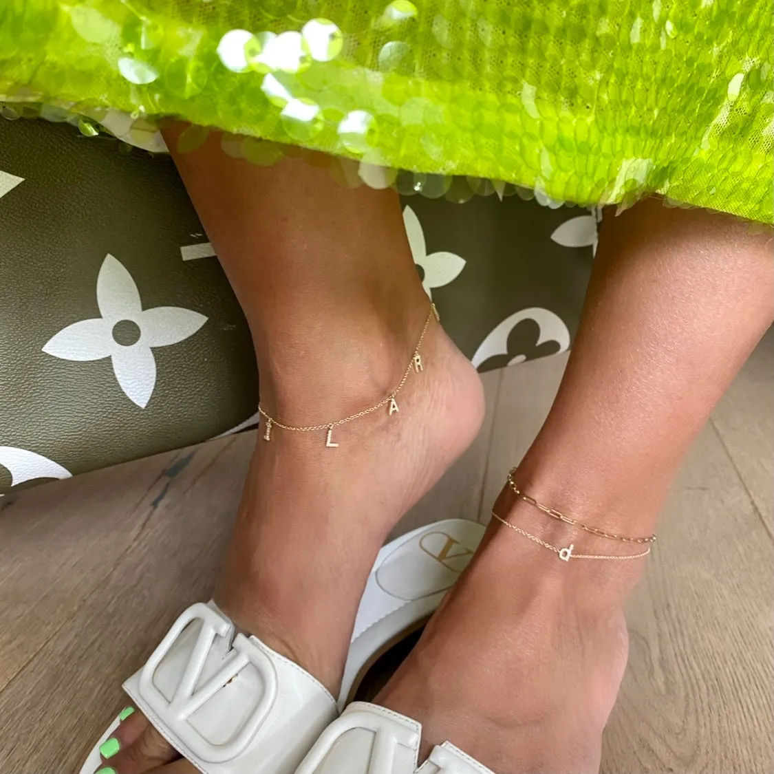 14KT Gold Diamond Custom Initial/Name Anklet
