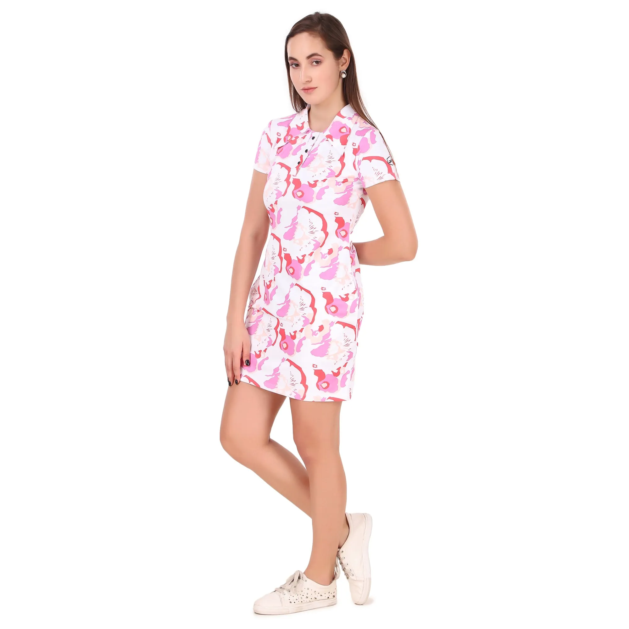 Activewear Collar Neck Dress For Women (Pink Floral)