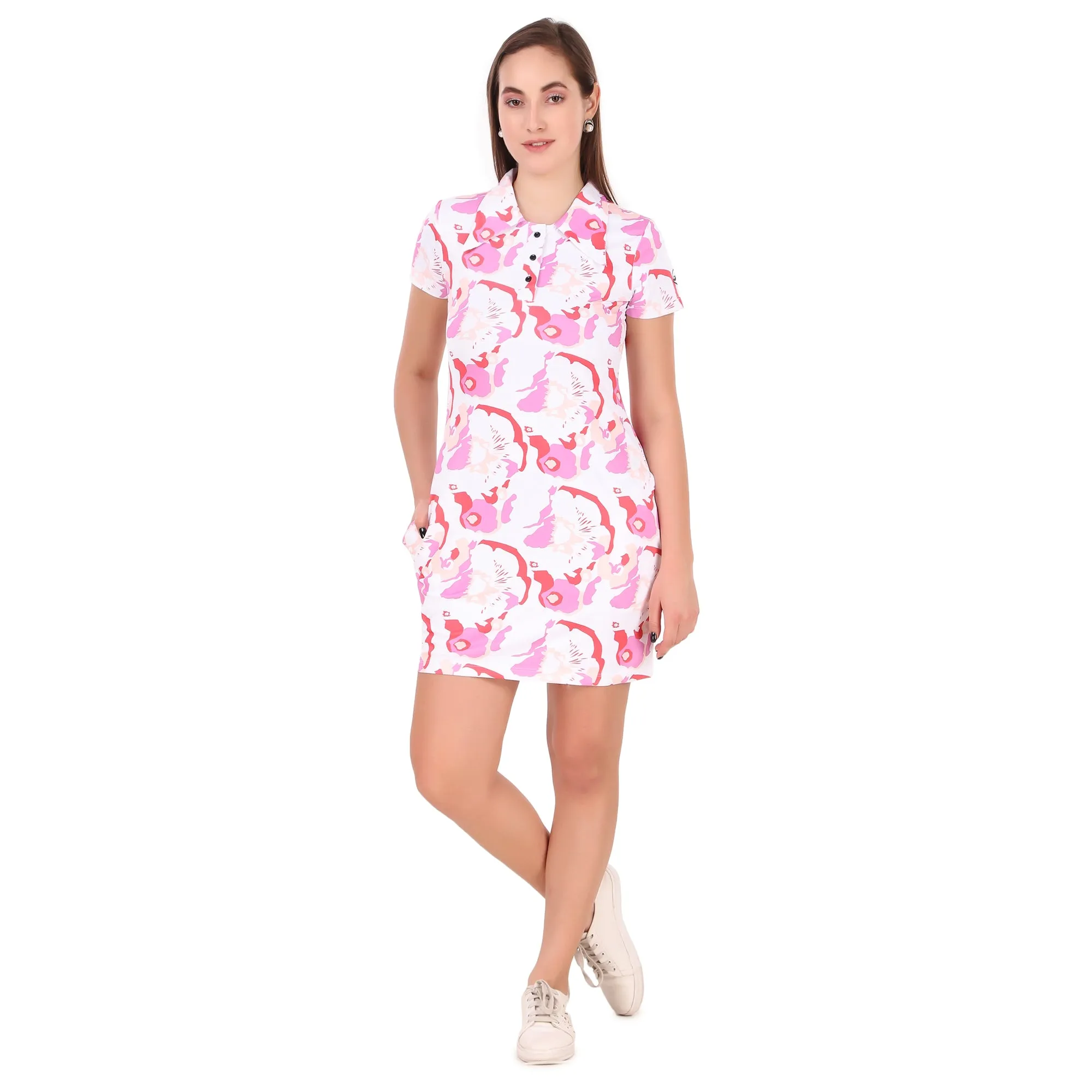Activewear Collar Neck Dress For Women (Pink Floral)