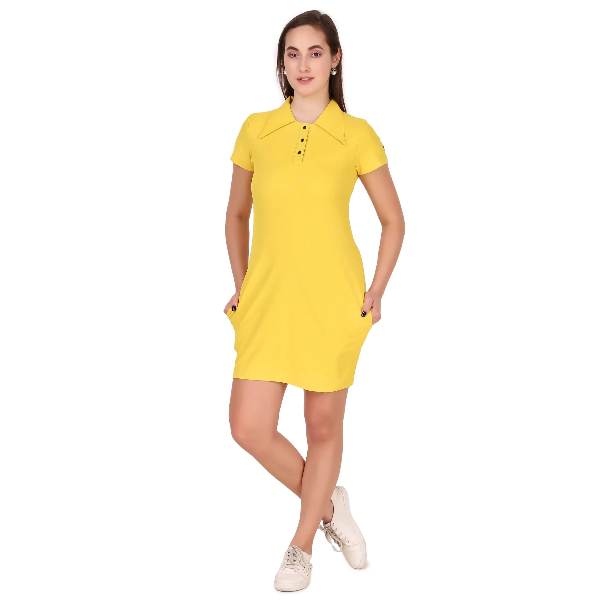 Activewear Collar Neck Dress For Women (Yellow)