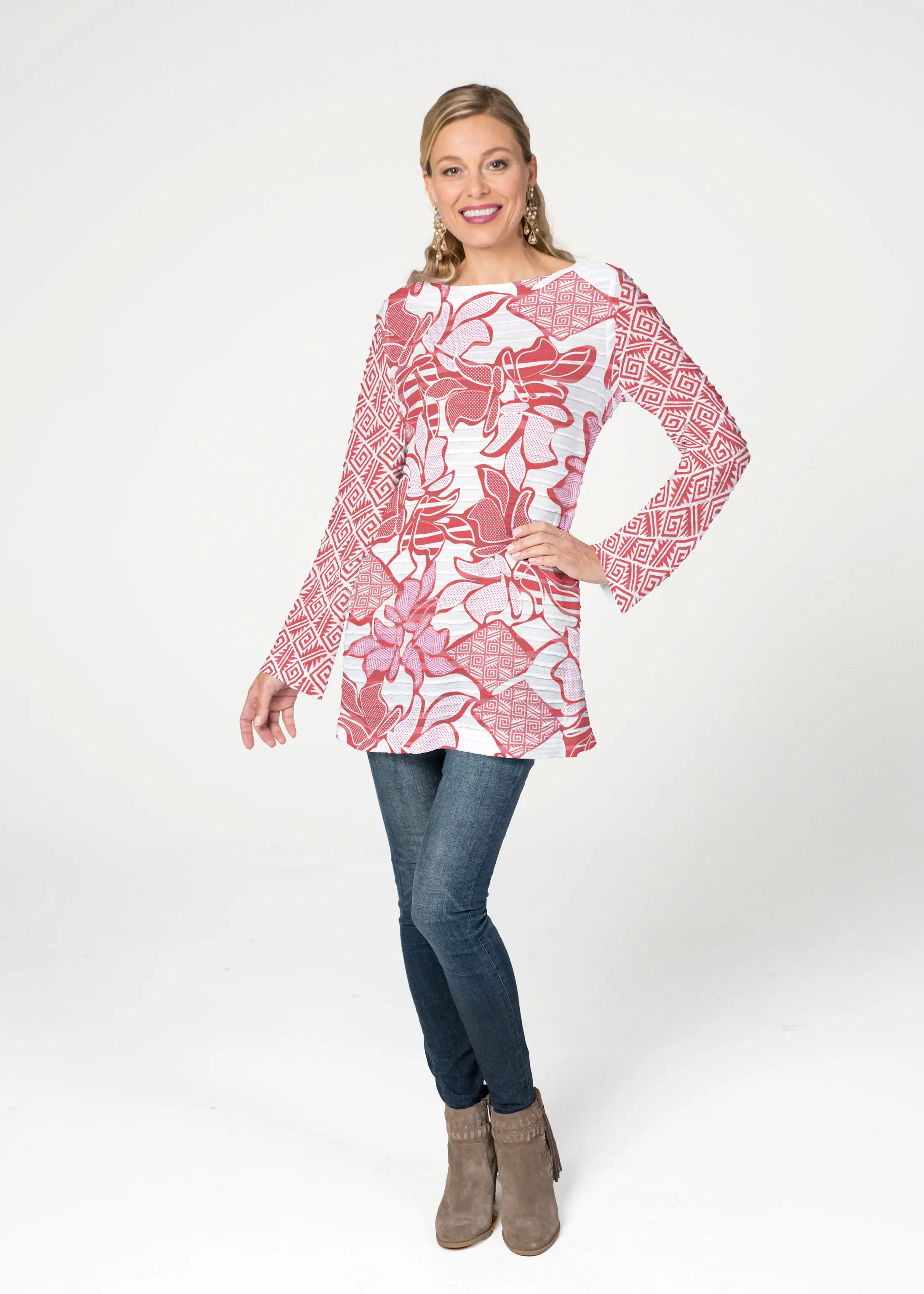 Aztek Sail Red (8117) ~ Banded Boatneck Tunic