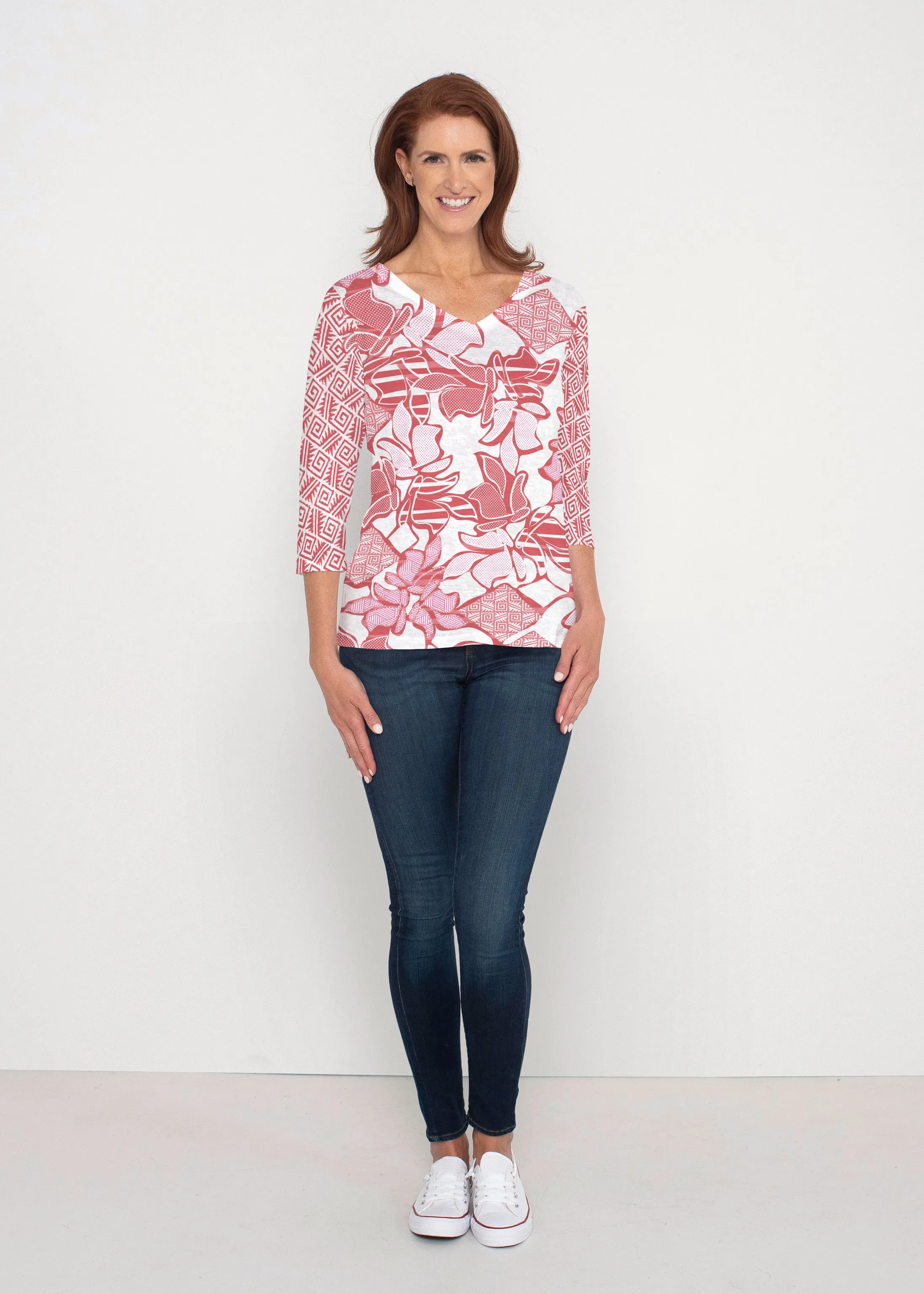 Aztek Sail Red (8117) ~ Signature 3/4 Sleeve V-Neck Top