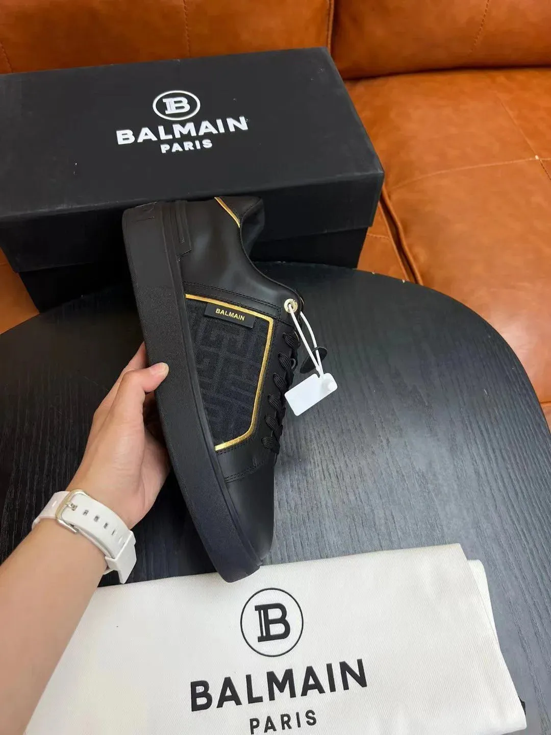BALMAIN || B-Court Monogrammed Nylon And Leather Sneakers
