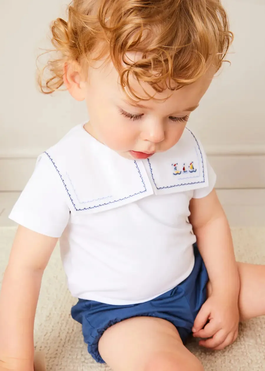Boat Embroidery Statement Collar Short Sleeve Bodysuit in White (3mths-2yrs)