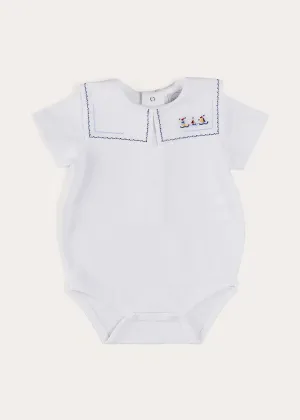 Boat Embroidery Statement Collar Short Sleeve Bodysuit in White (3mths-2yrs)