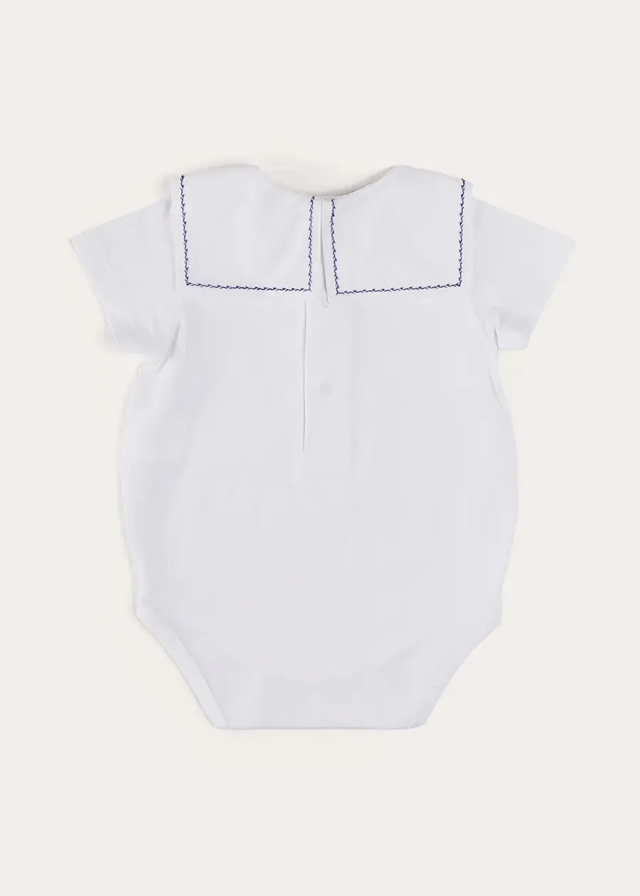 Boat Embroidery Statement Collar Short Sleeve Bodysuit in White (3mths-2yrs)