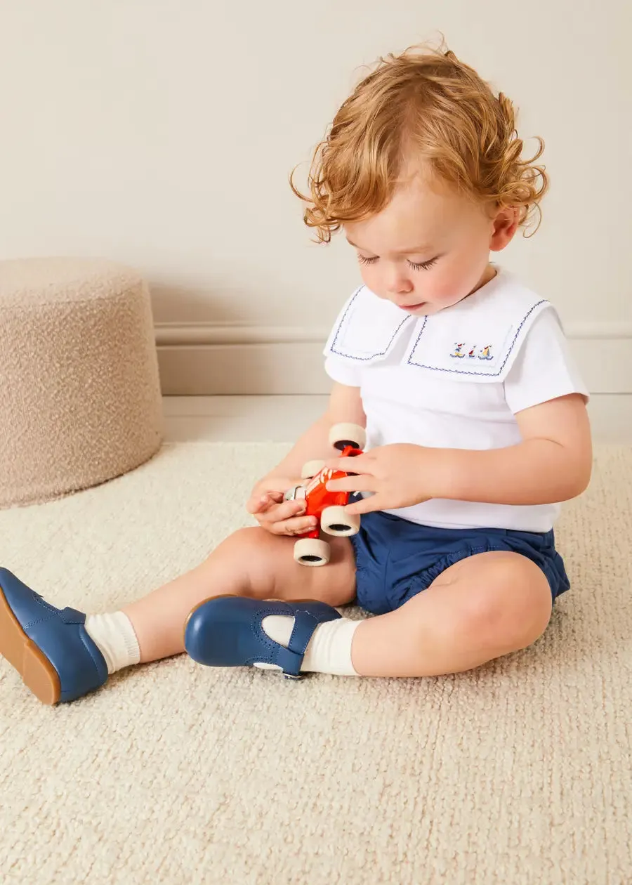 Boat Embroidery Statement Collar Short Sleeve Bodysuit in White (3mths-2yrs)