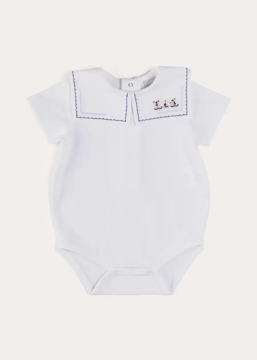Boat Embroidery Statement Collar Short Sleeve Bodysuit in White (3mths-2yrs)