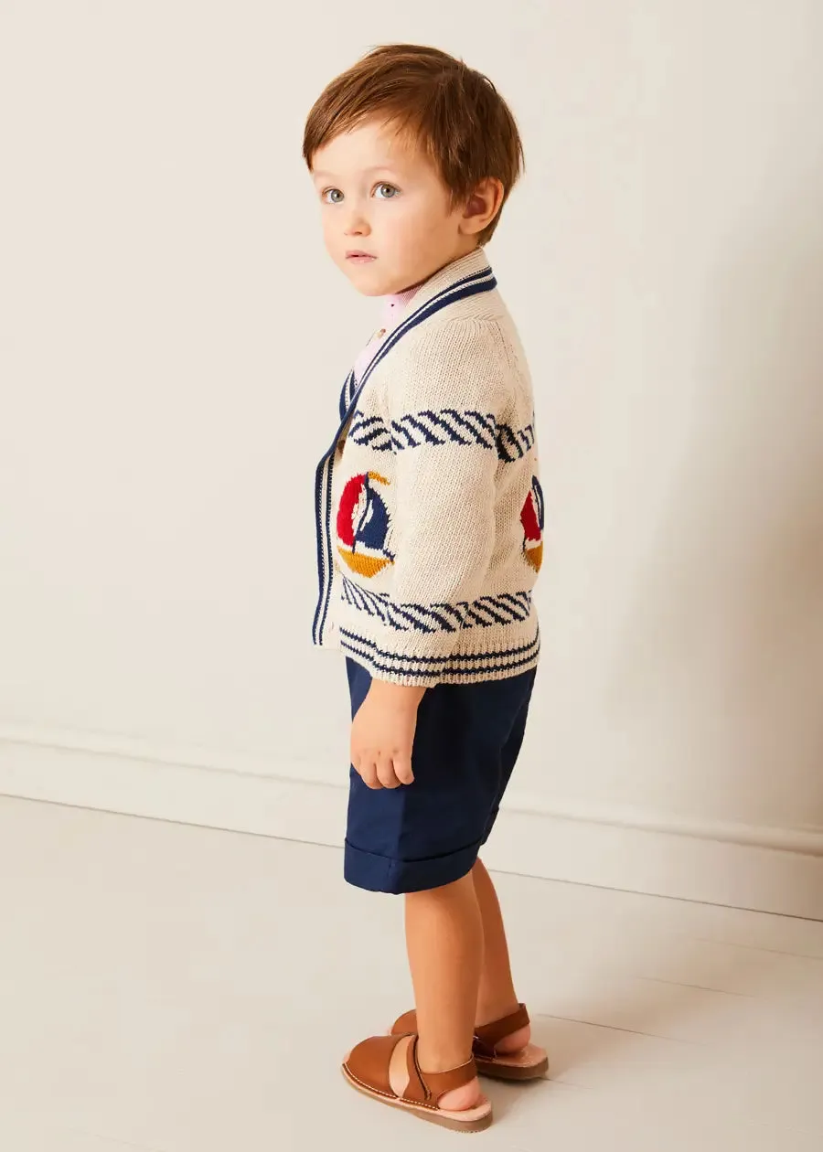 Boat Motif Shawl Neck Nautical Cardigan in Beige (2-10yrs)