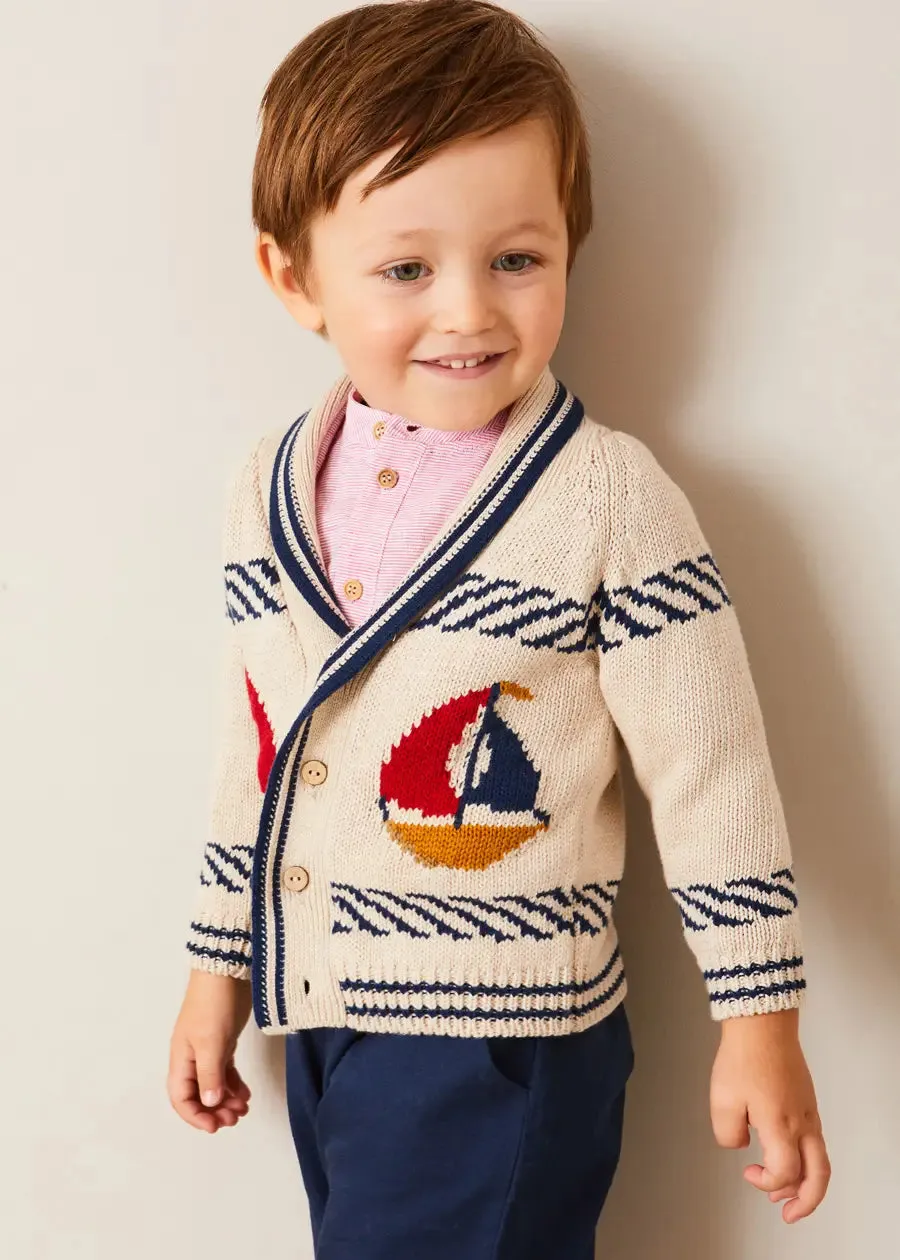 Boat Motif Shawl Neck Nautical Cardigan in Beige (2-10yrs)