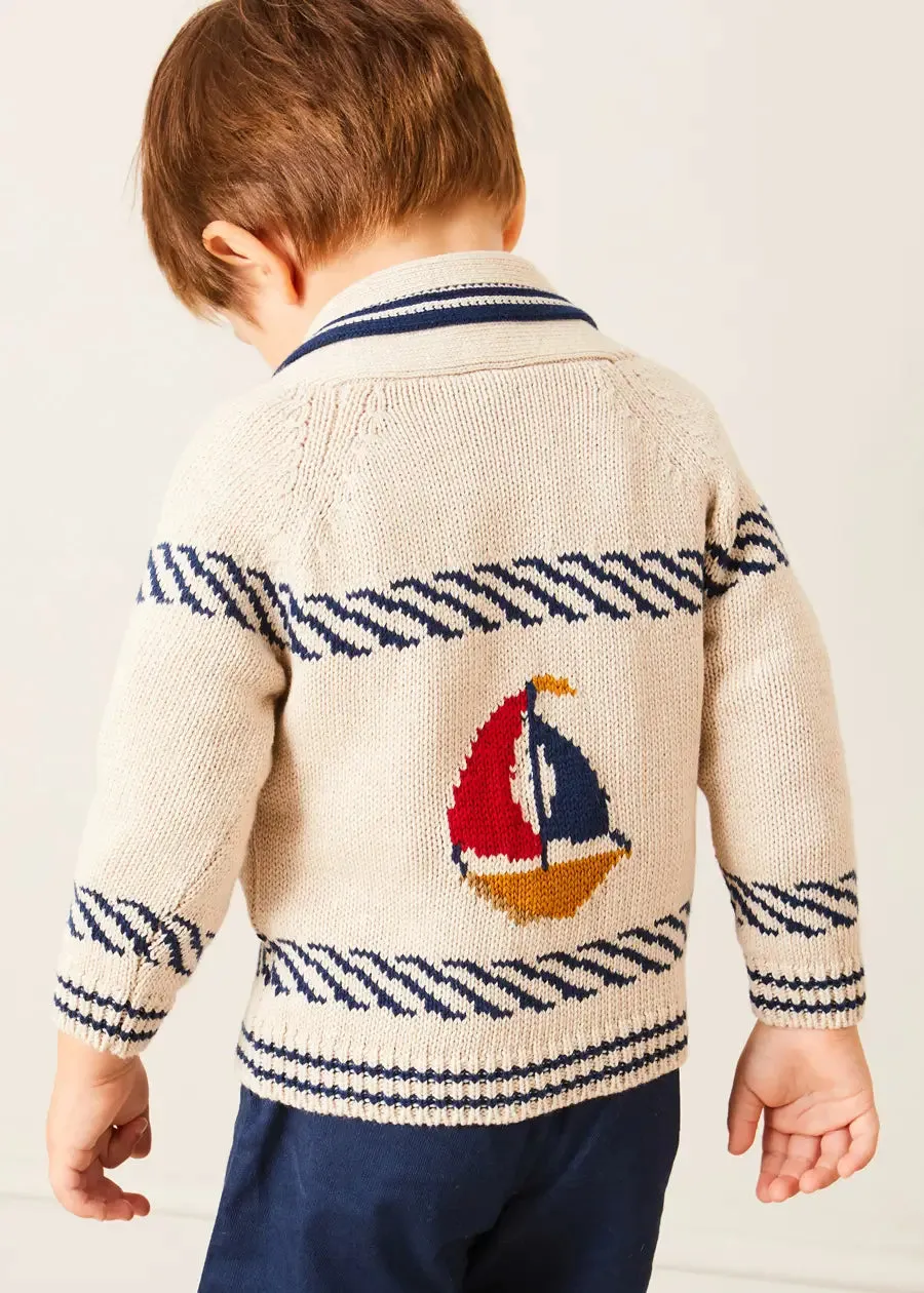 Boat Motif Shawl Neck Nautical Cardigan in Beige (2-10yrs)