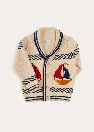 Boat Motif Shawl Neck Nautical Cardigan in Beige (2-10yrs)