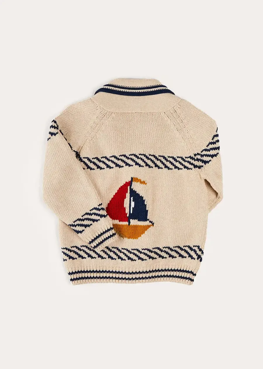 Boat Motif Shawl Neck Nautical Cardigan in Beige (2-10yrs)