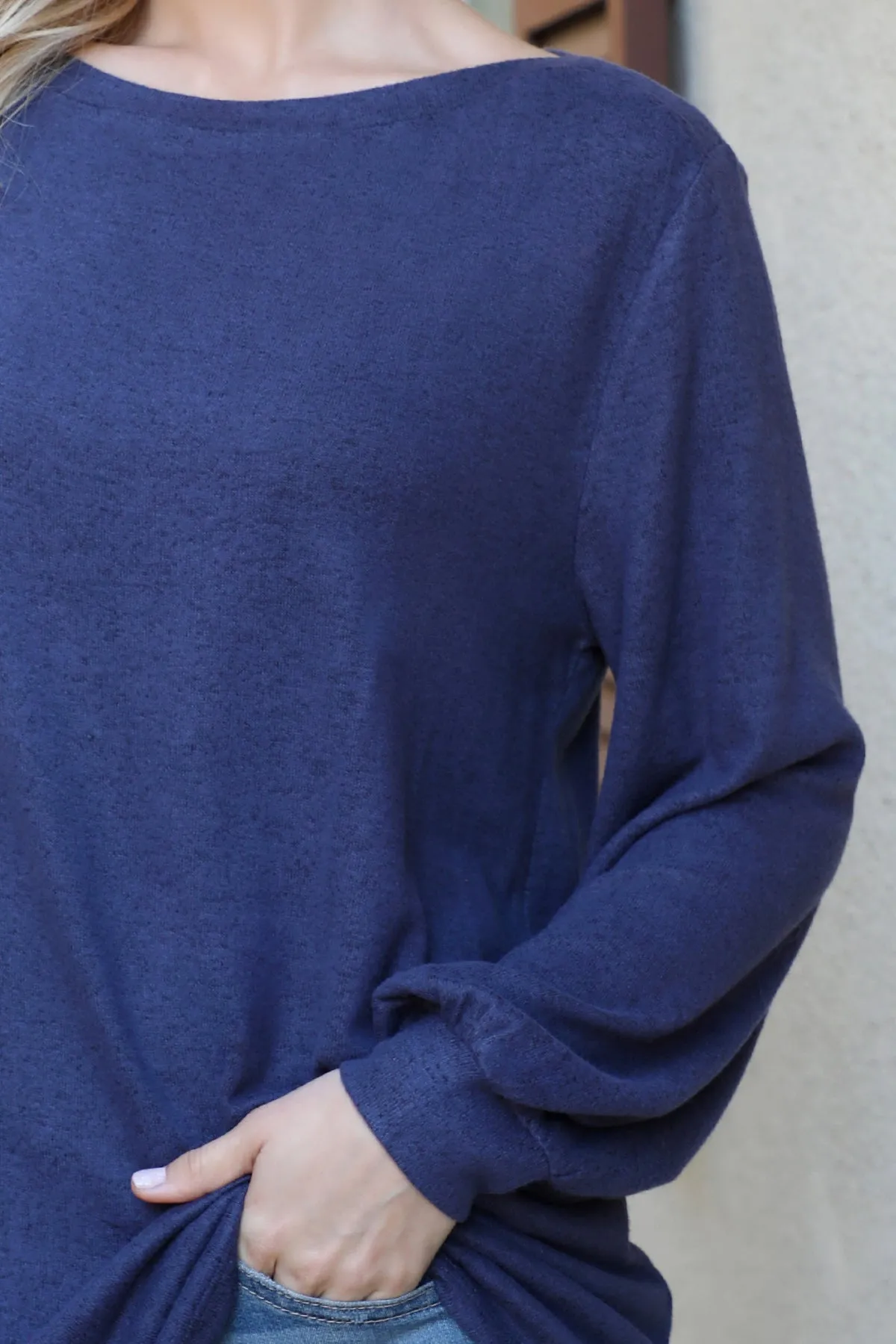 Boat Neckline Puff Sleeve Hacci Brushed Top