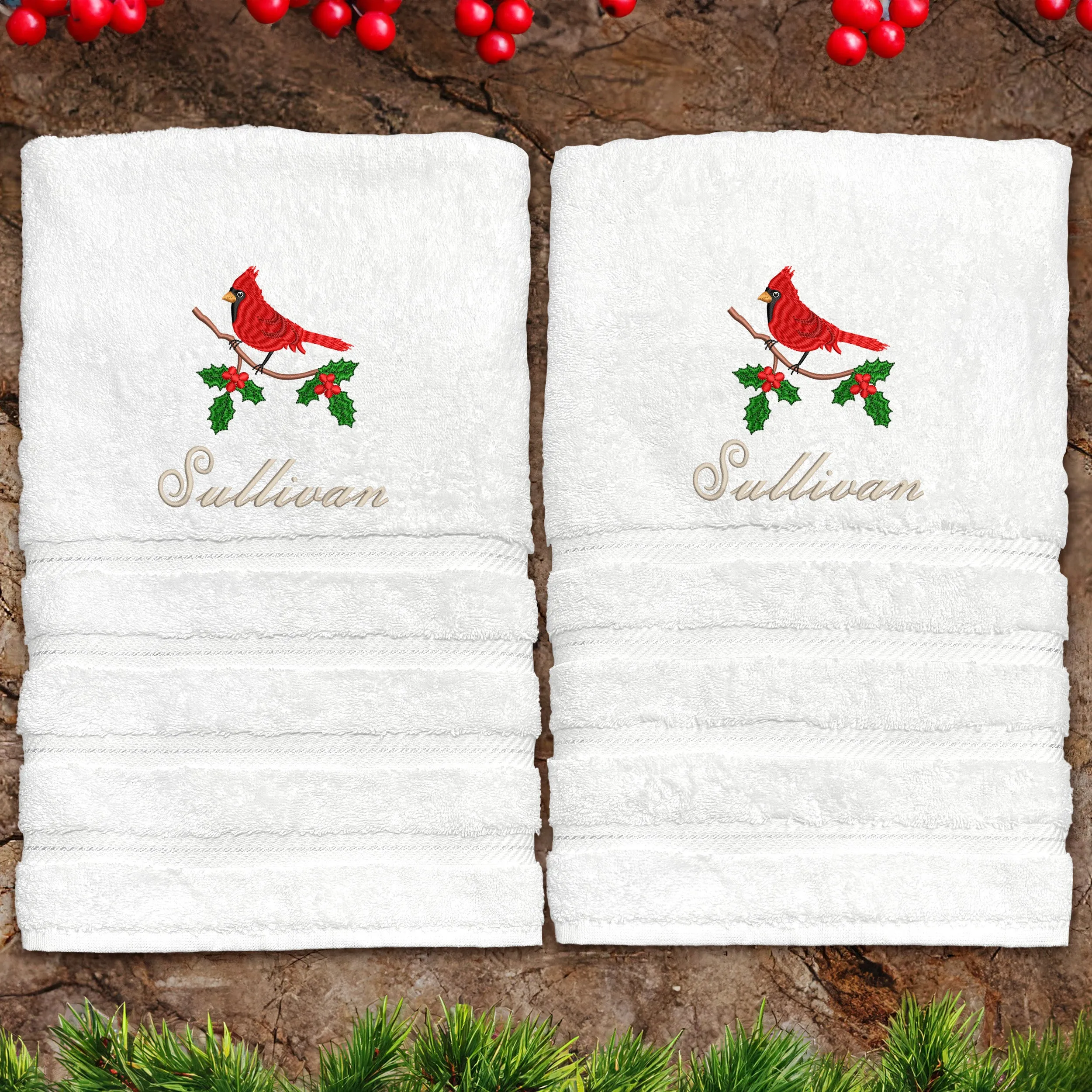 Cardinal on Branch Turkish Luxury Bath Towel - White - Set of 2