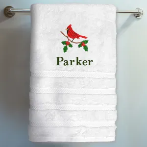 Cardinal on Branch Turkish Luxury Bath Towel - White - Set of 2