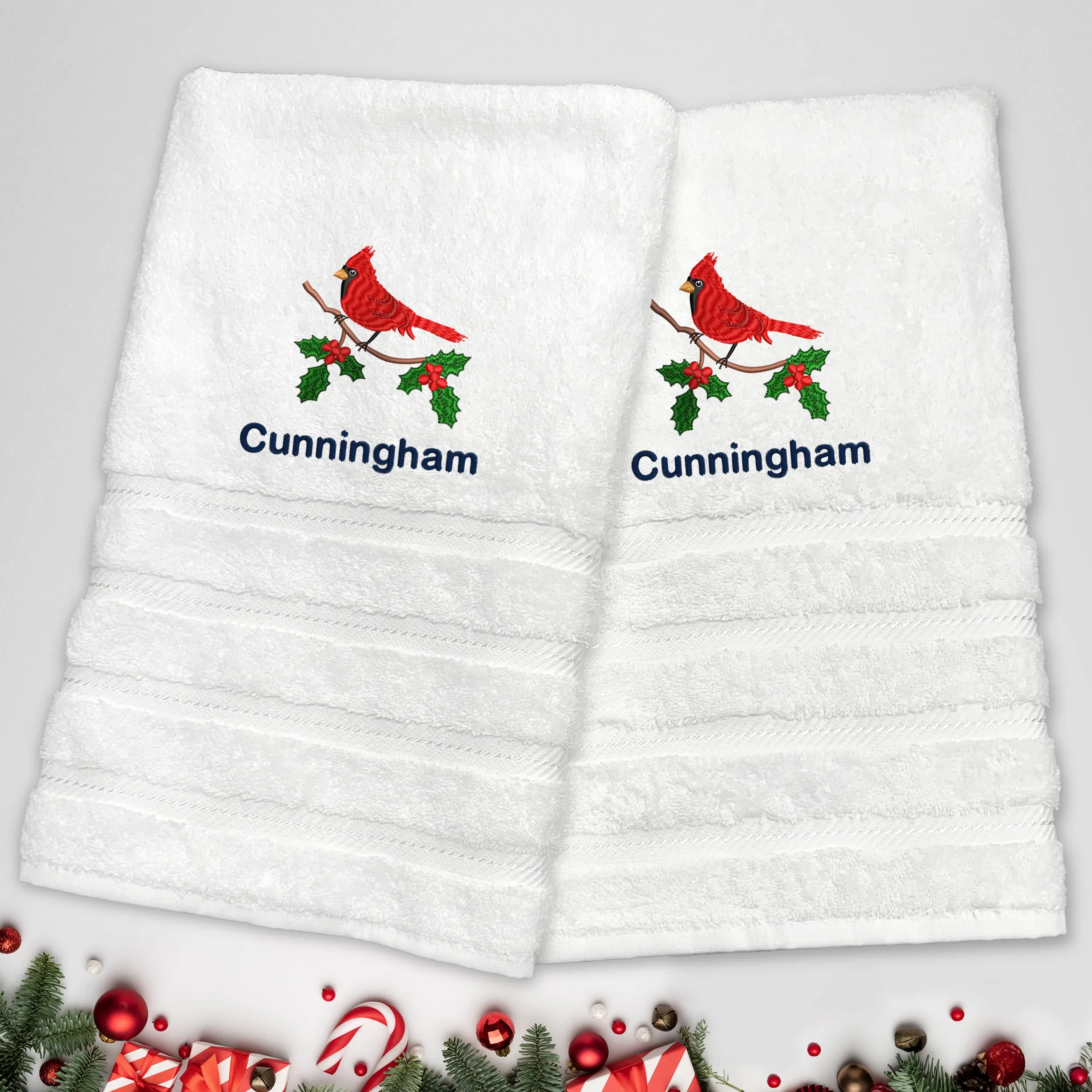 Cardinal on Branch Turkish Luxury Bath Towel - White - Set of 2