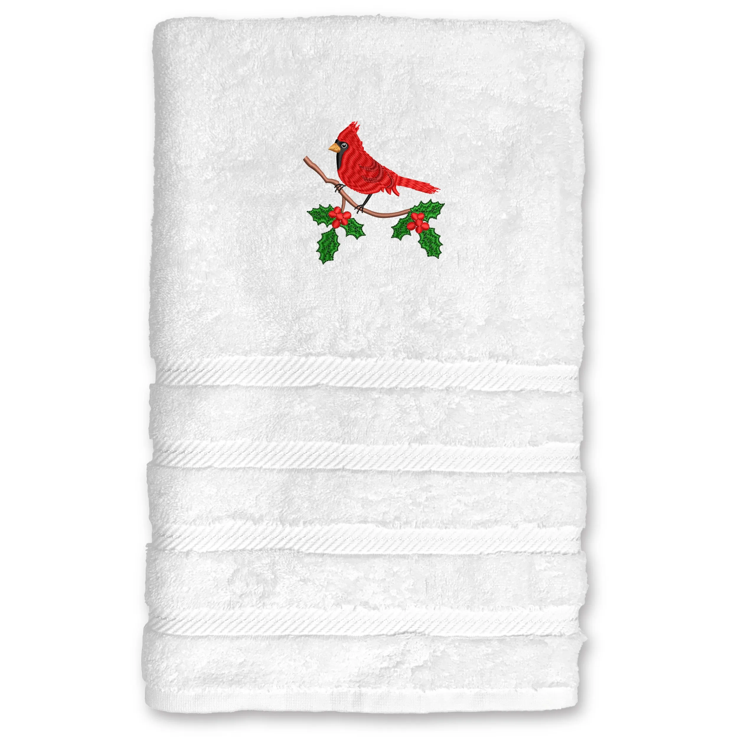 Cardinal on Branch Turkish Luxury Bath Towel - White - Set of 2