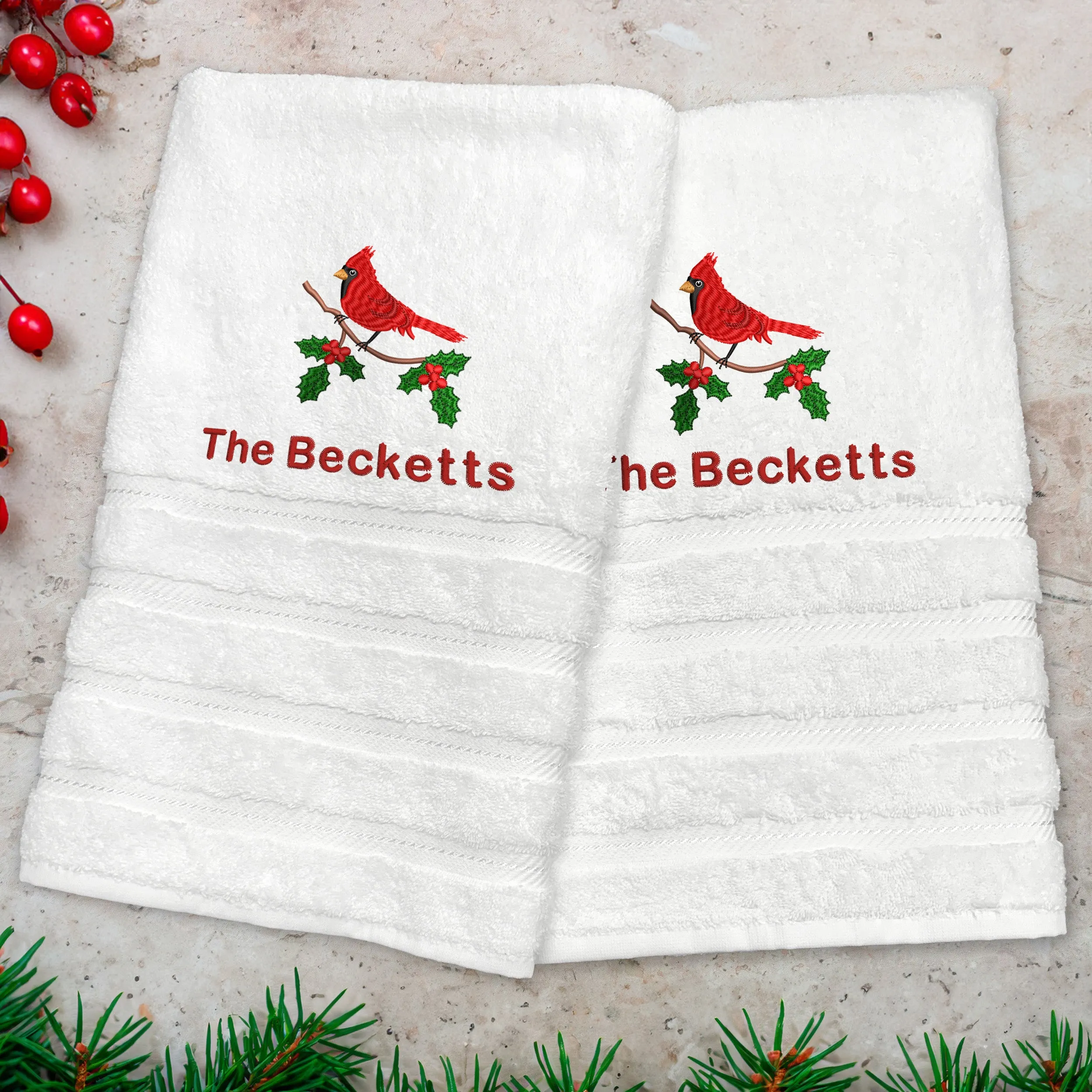 Cardinal on Branch Turkish Luxury Bath Towel - White - Set of 2