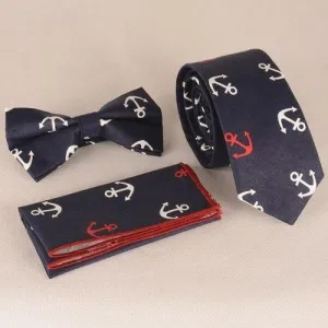 Casual Boat Anchor Pattern Tie Pocket Square Bow Tie - Purplish Blue