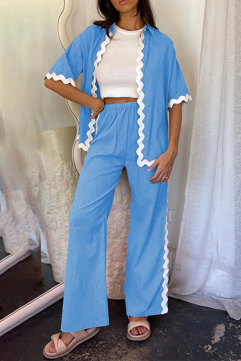 Casual Simplicity Solid Ripple Patchwork Boat Neck Long Sleeve Two Pieces