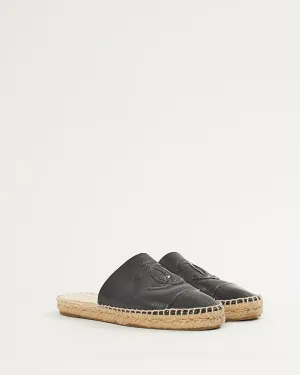 Chanel Black Leather CC Interlocking Patent Espadrille Slides - 37