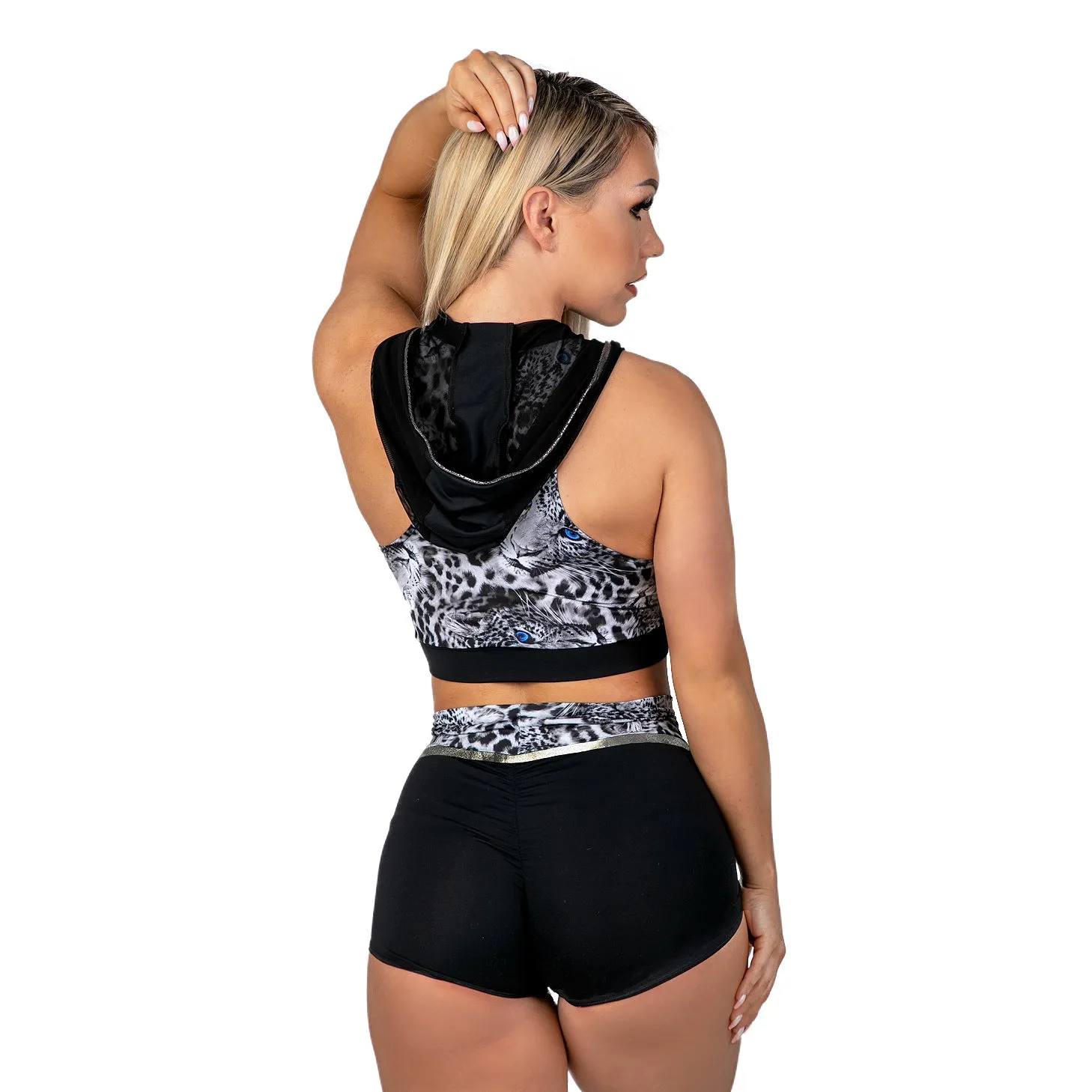 Coretta Hooded Top - Grey Leopard / Black
