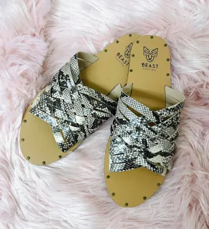 Criss Cross Snakeskin Slides