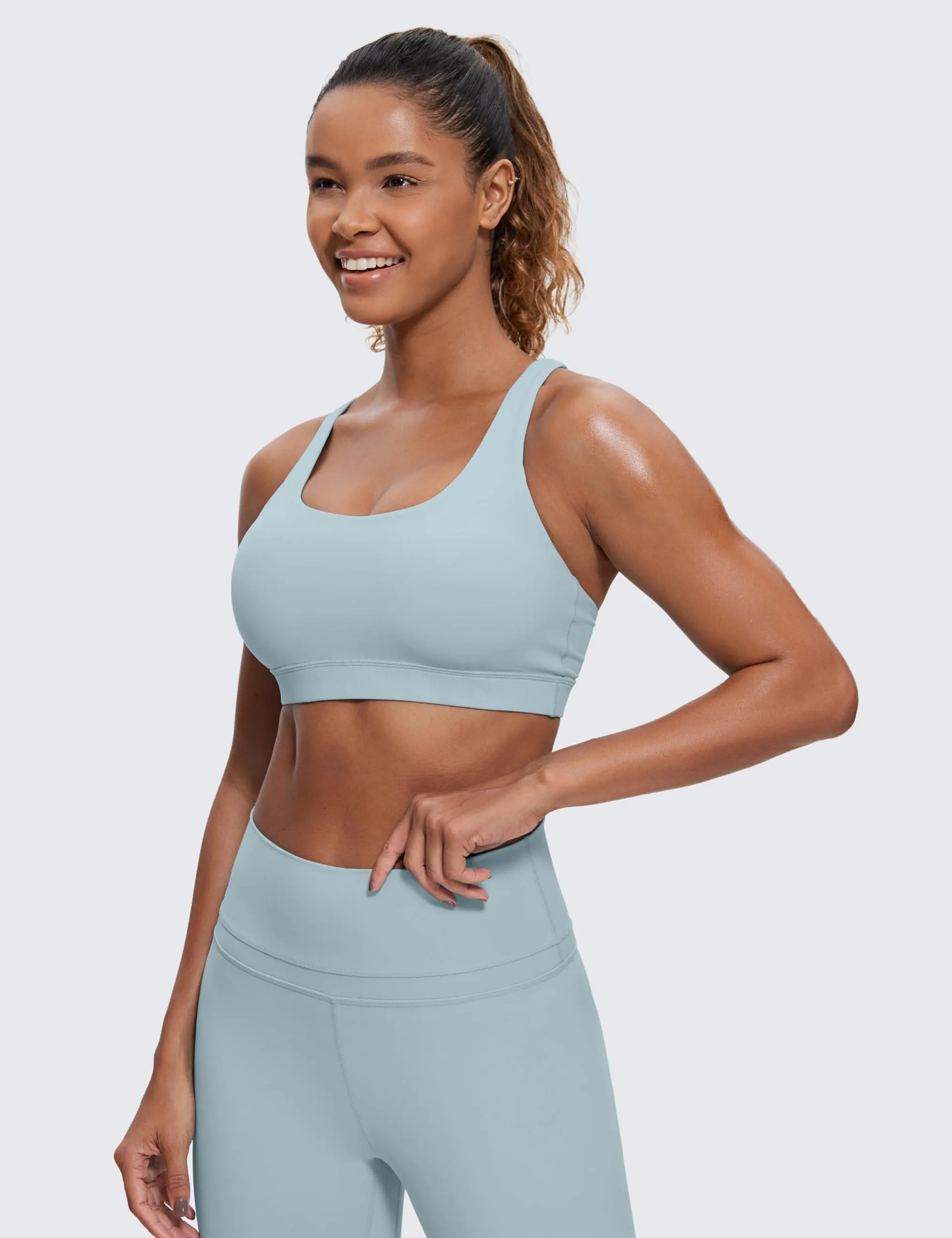 CRZ YOGA Women's Strappy Sports Bras Fitness Workout Padded Yoga Criss Cross Back Cami Cambric Blue