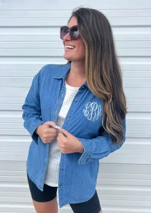 Custom Embroidered Monogram Denim Buttondown by Prep Obsessed (Ships in 3 Weeks)