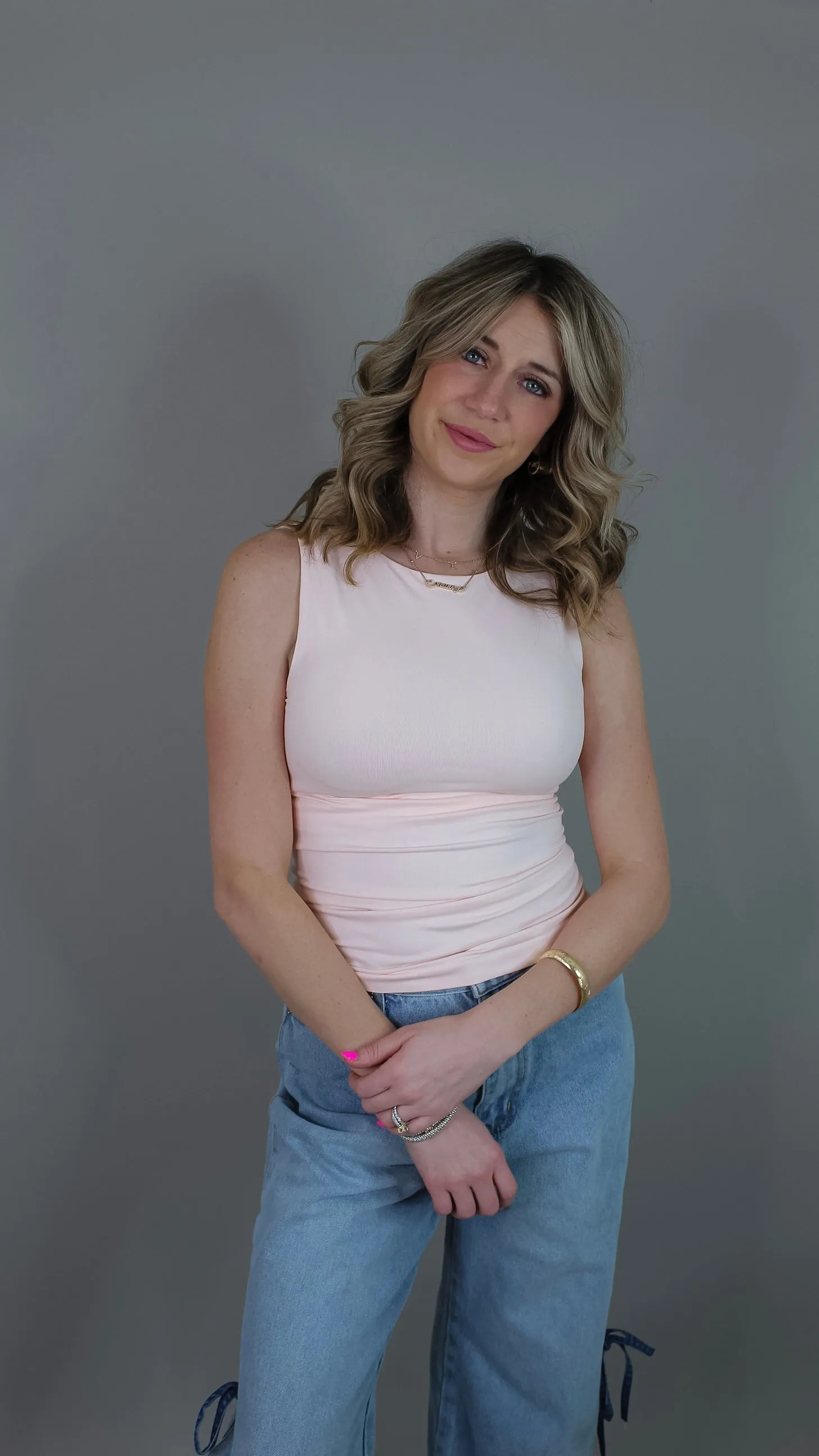 Deena Boat Neck Tank Top - Peachy Pink