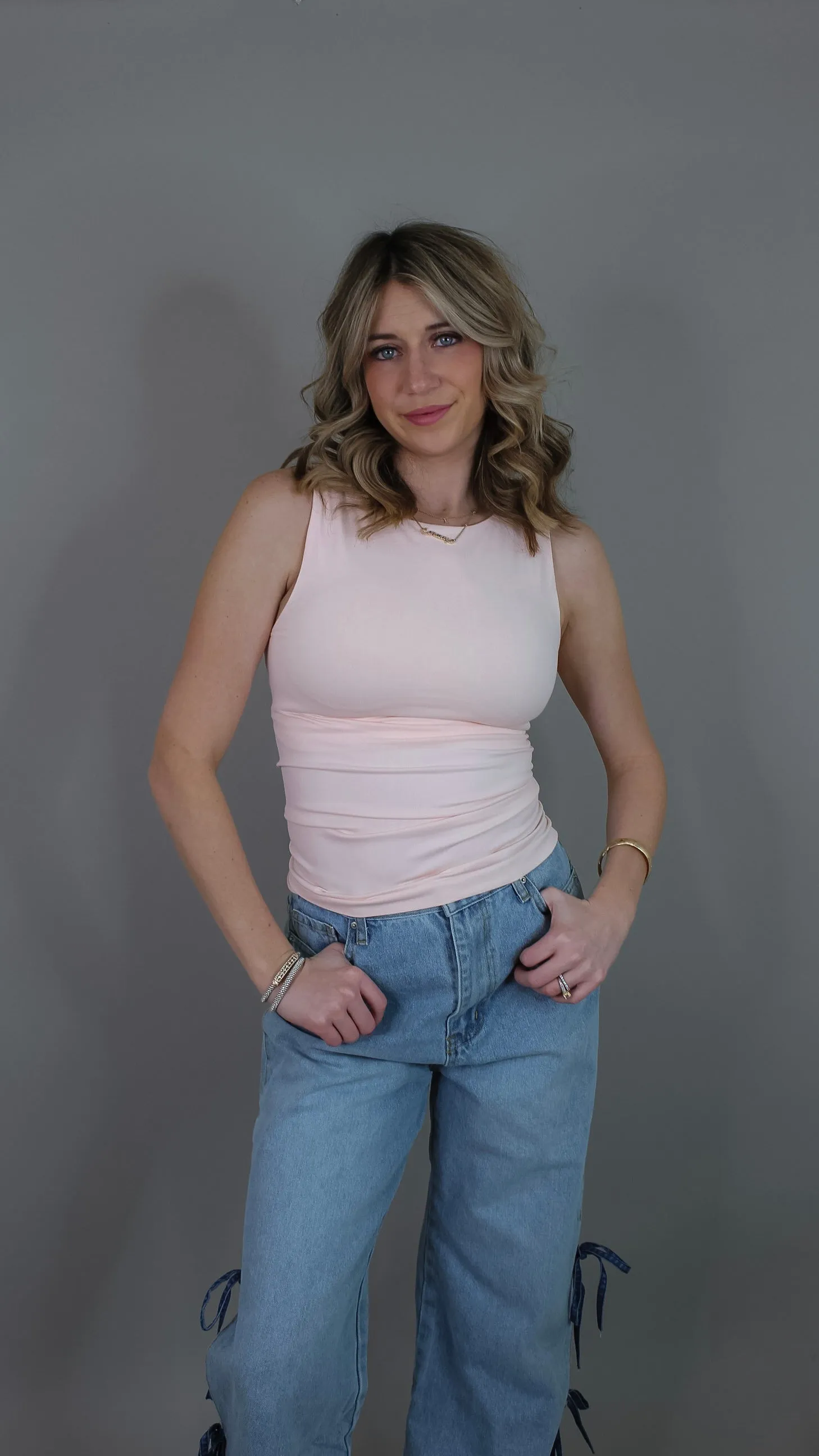 Deena Boat Neck Tank Top - Peachy Pink