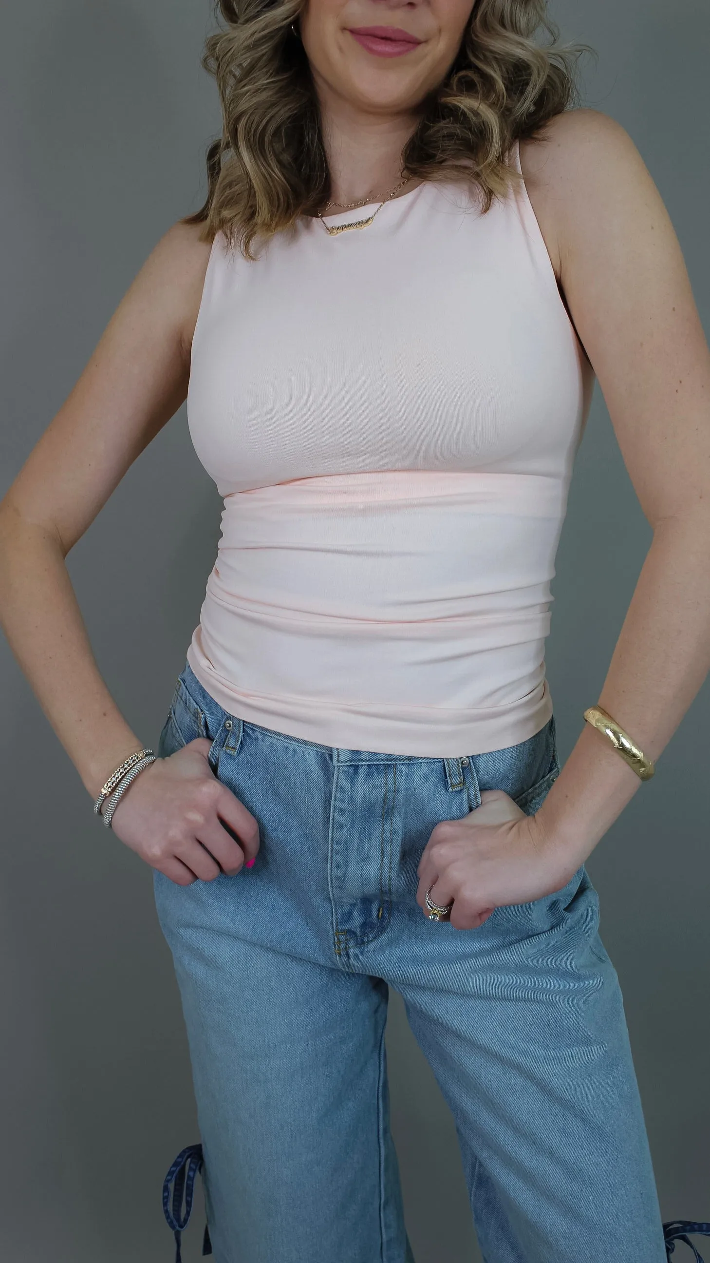 Deena Boat Neck Tank Top - Peachy Pink