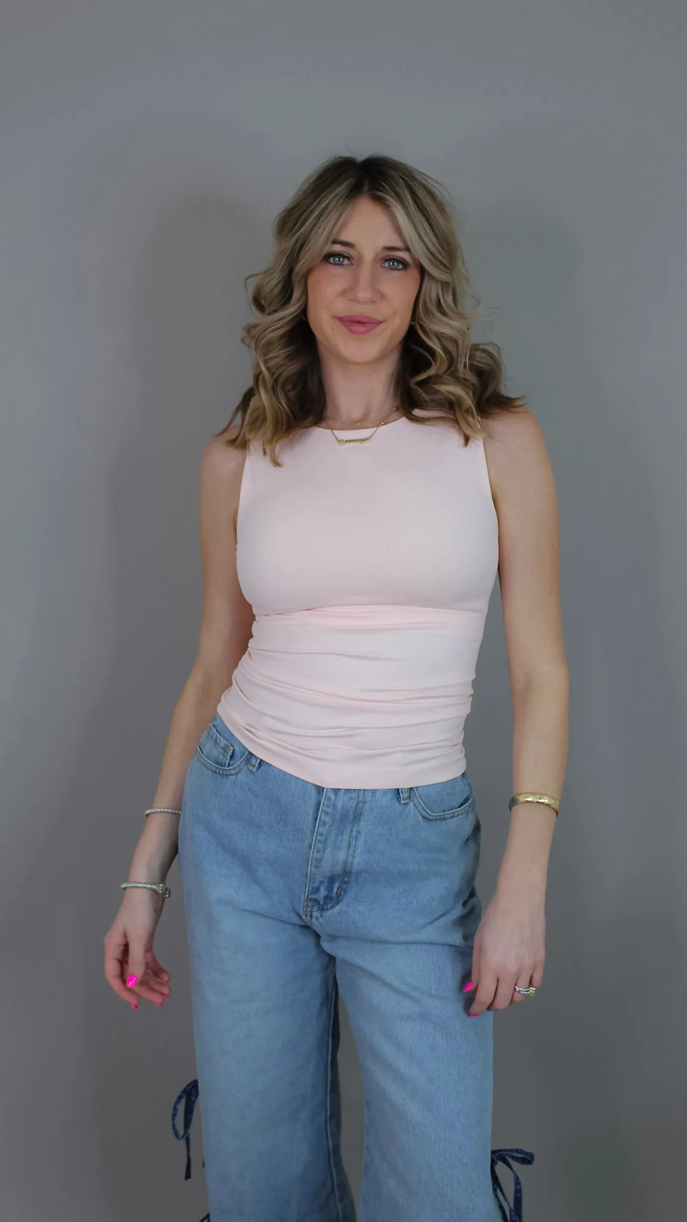 Deena Boat Neck Tank Top - Peachy Pink