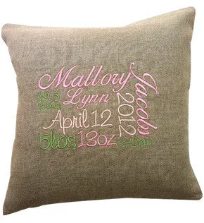 Embroidered Birth Announcement Pillow