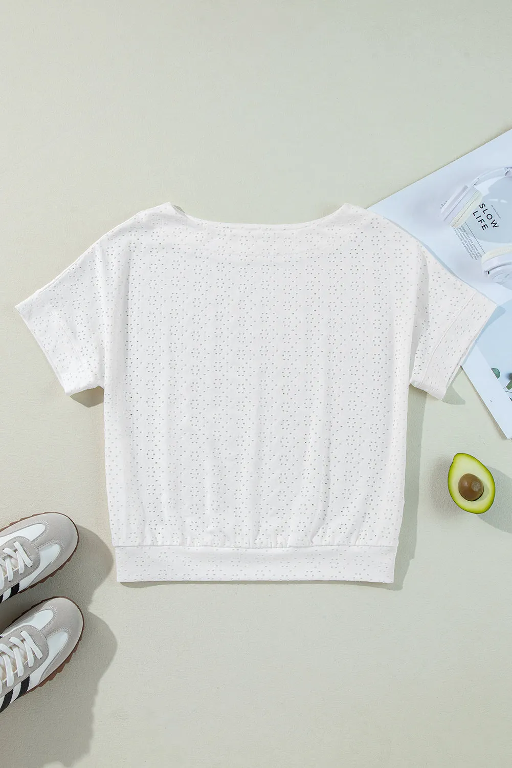 Eyelet Pattern Boat Neck Casual Tee