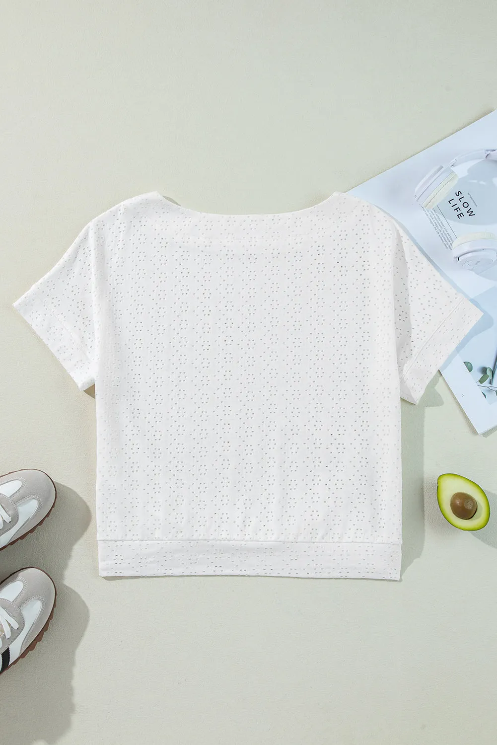 Eyelet Pattern Boat Neck Casual Tee