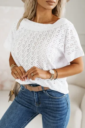 Eyelet Pattern Boat Neck Casual Tee