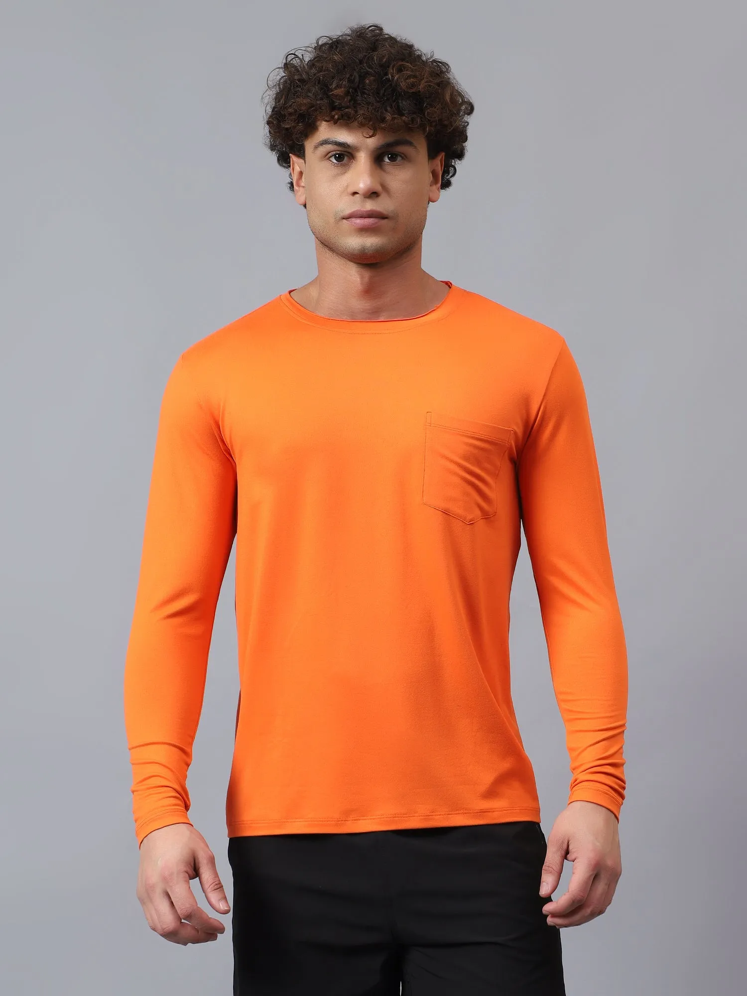 Fitkin men's orange raw edge neck style long sleeevs t-shirt
