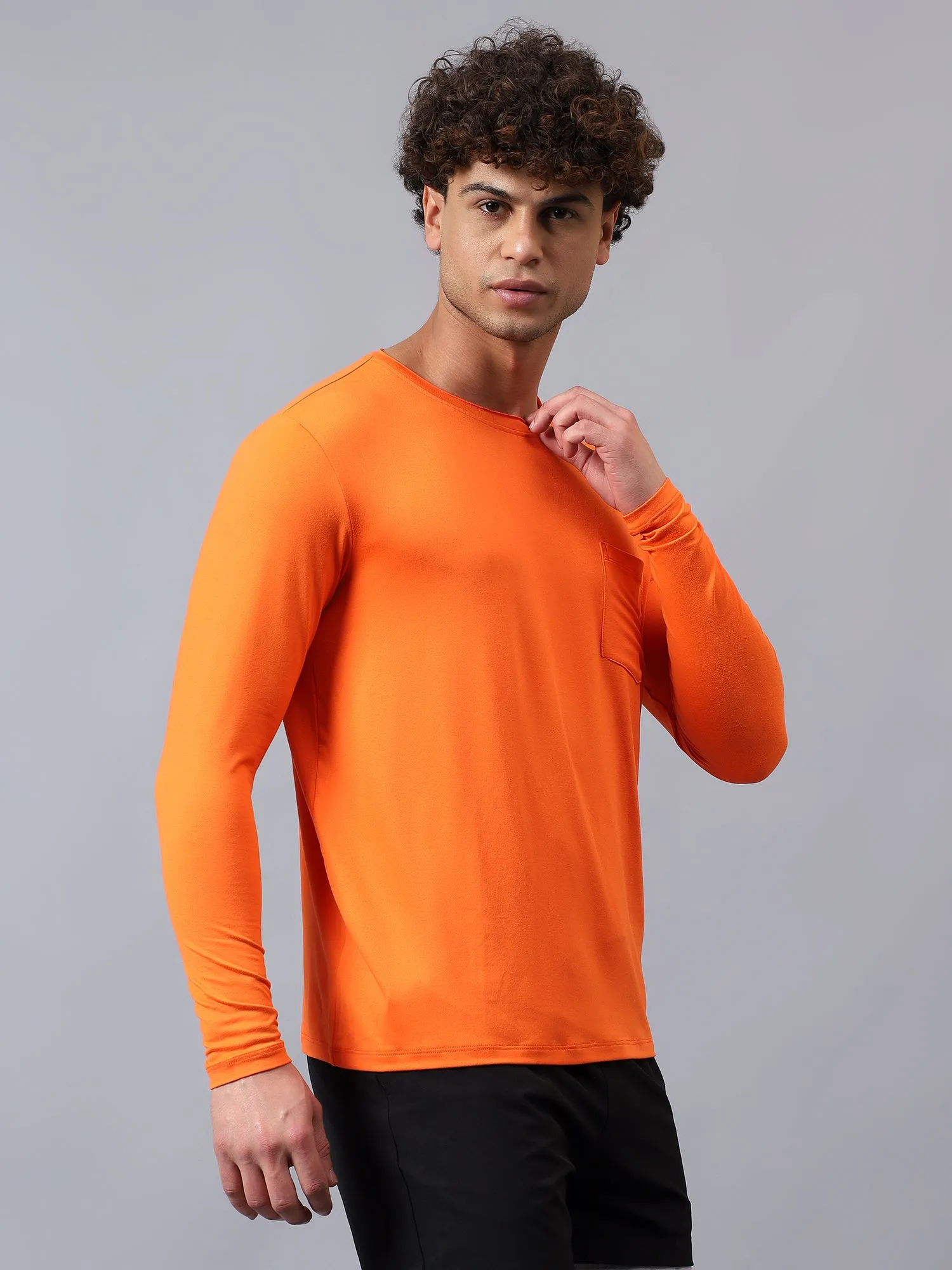 Fitkin men's orange raw edge neck style long sleeevs t-shirt