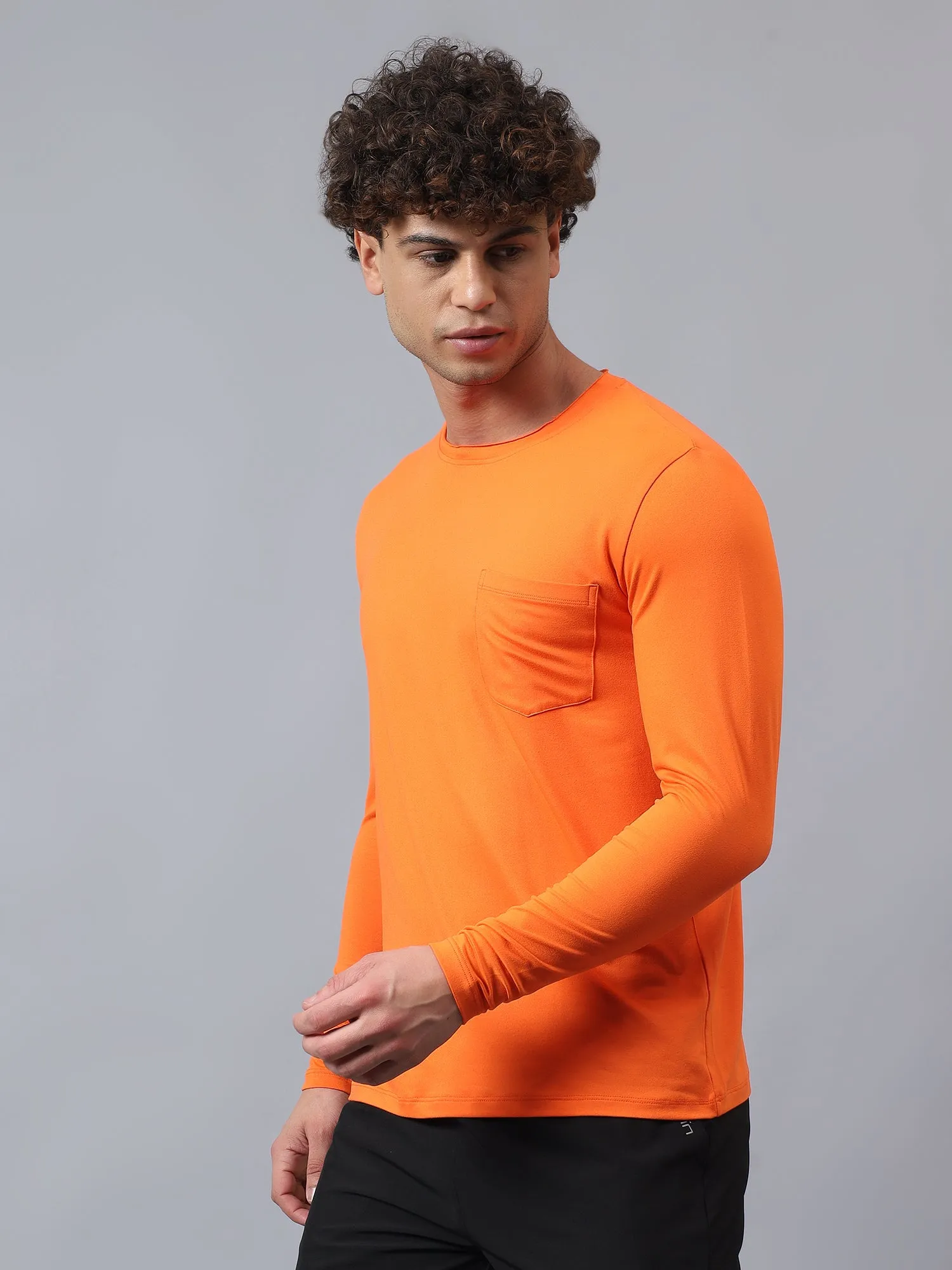 Fitkin men's orange raw edge neck style long sleeevs t-shirt