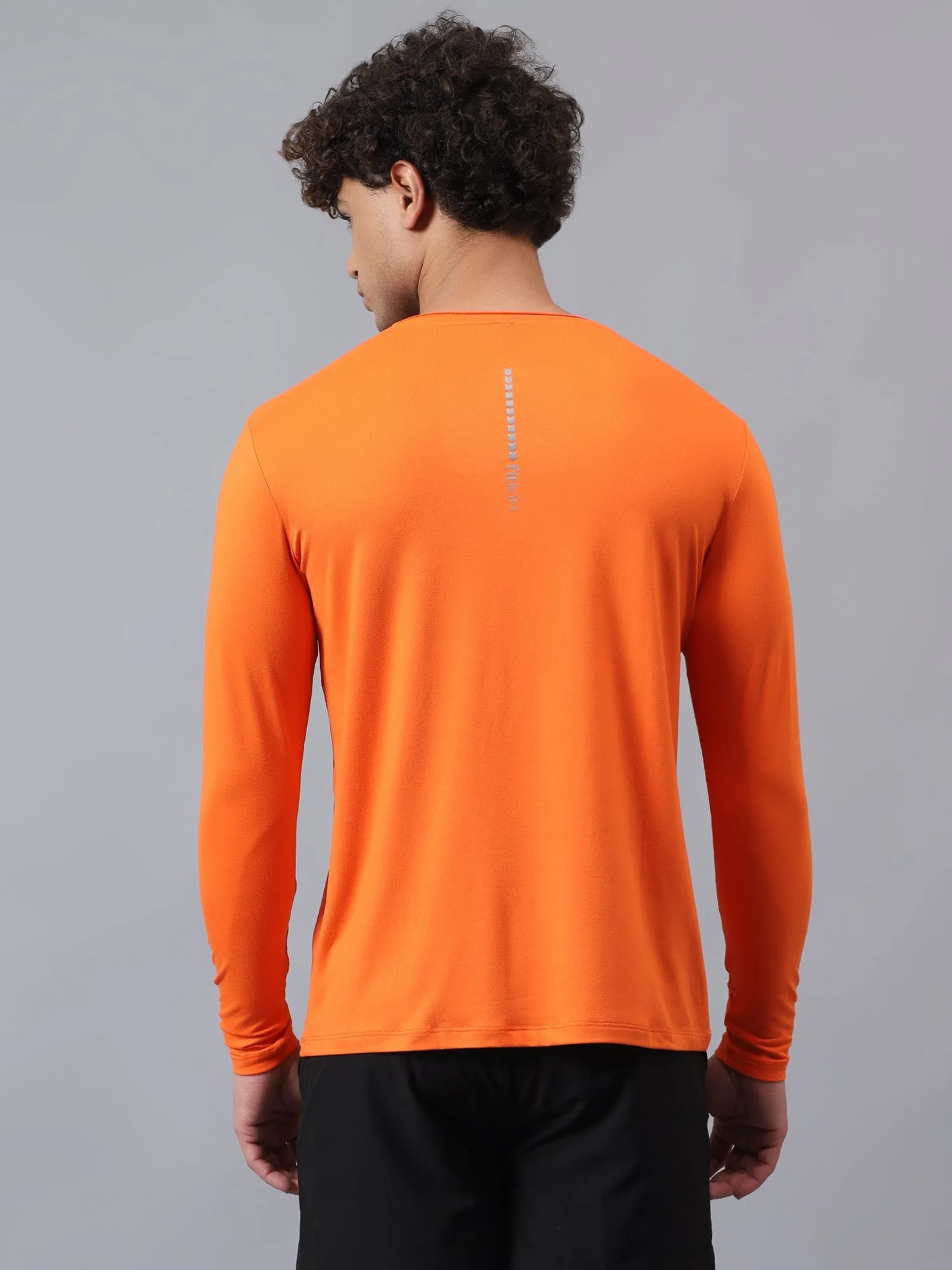 Fitkin men's orange raw edge neck style long sleeevs t-shirt