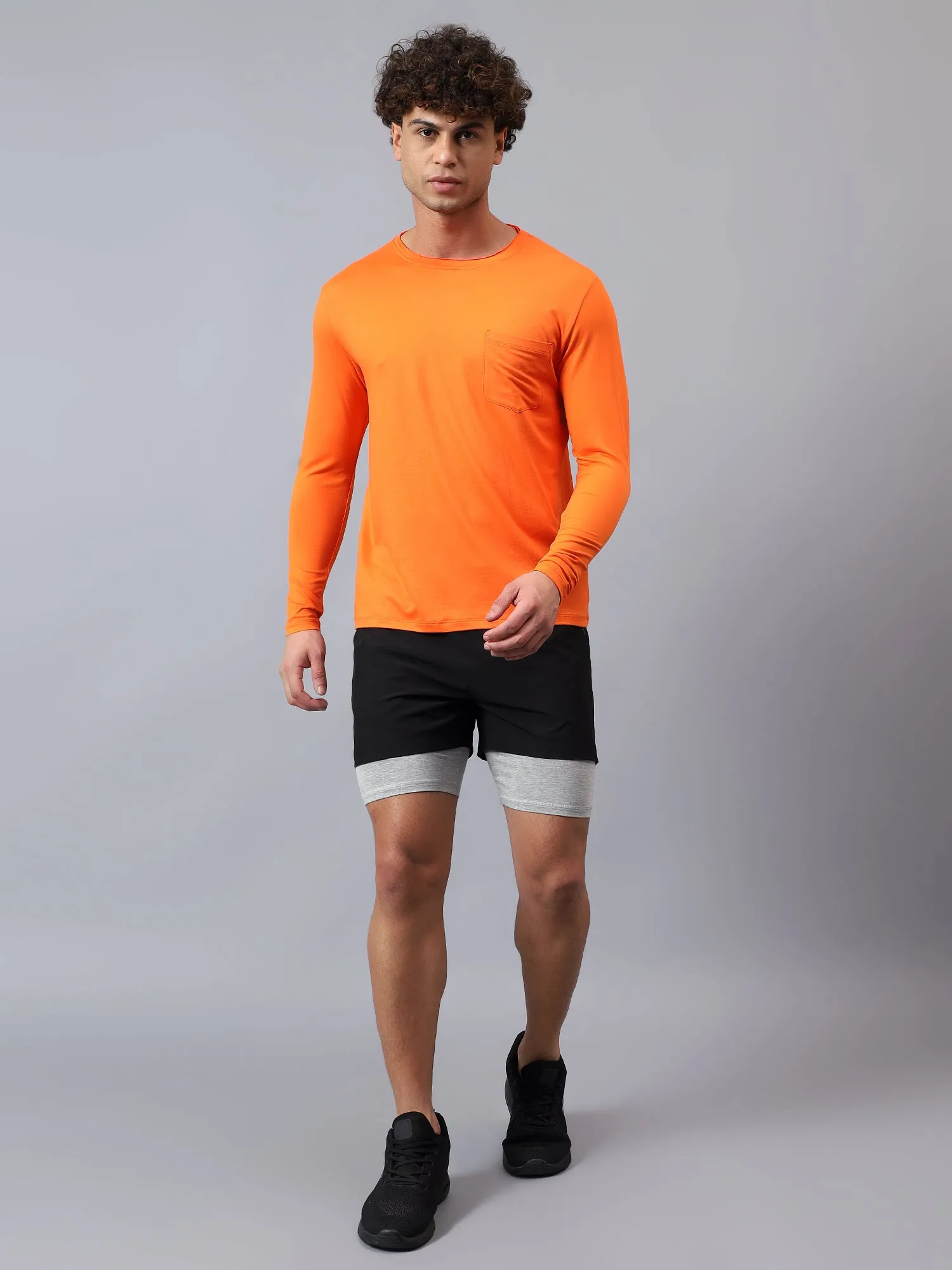 Fitkin men's orange raw edge neck style long sleeevs t-shirt