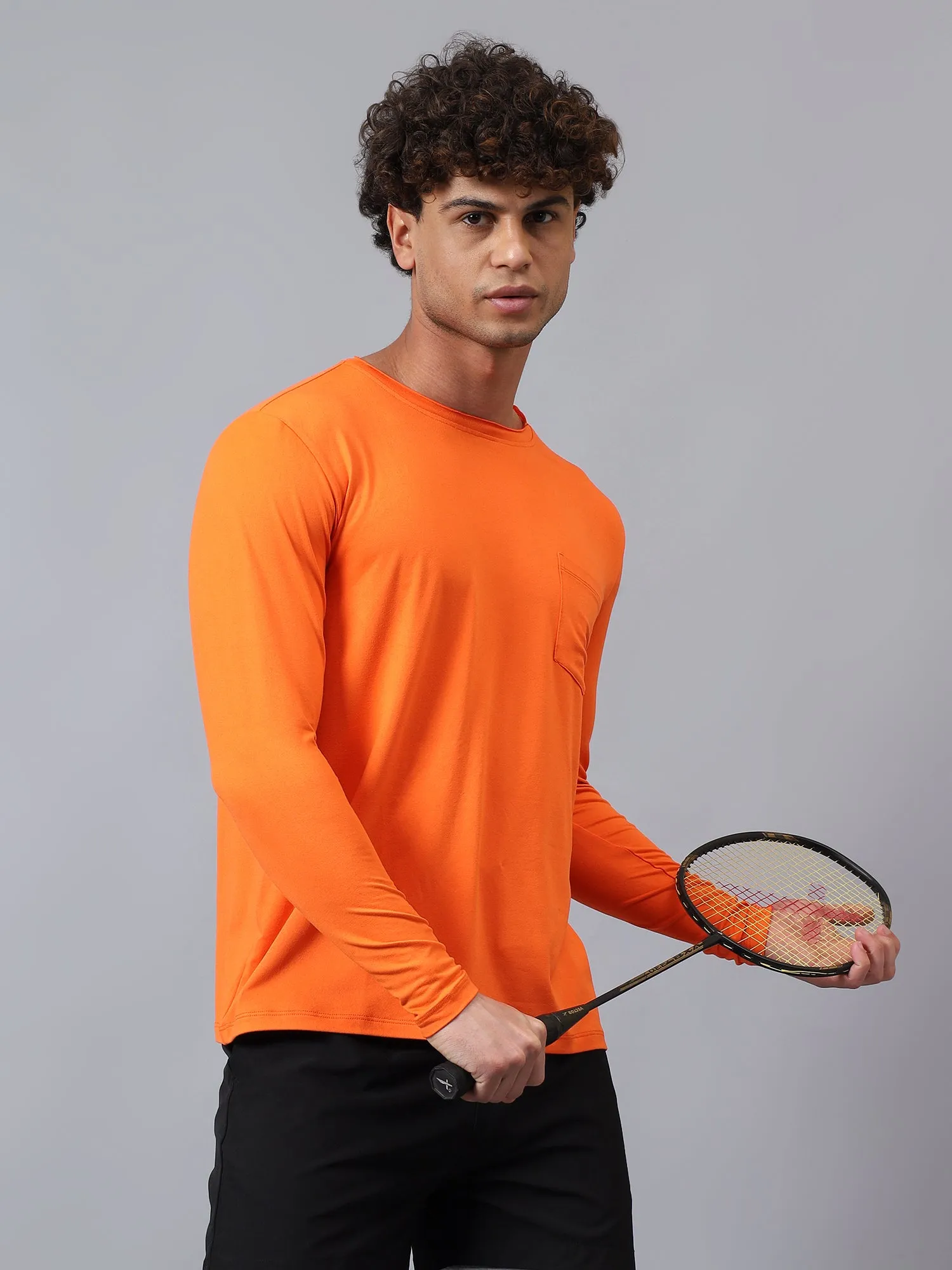 Fitkin men's orange raw edge neck style long sleeevs t-shirt