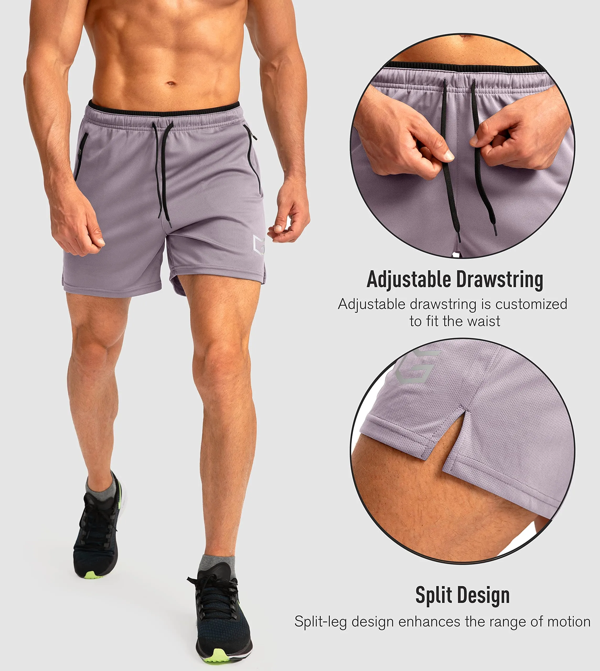 G Gradual Men's Running Shorts with Zipper Pockets Quick Dry Gym Athletic Workout 5" Shorts for Men (Light Grey)