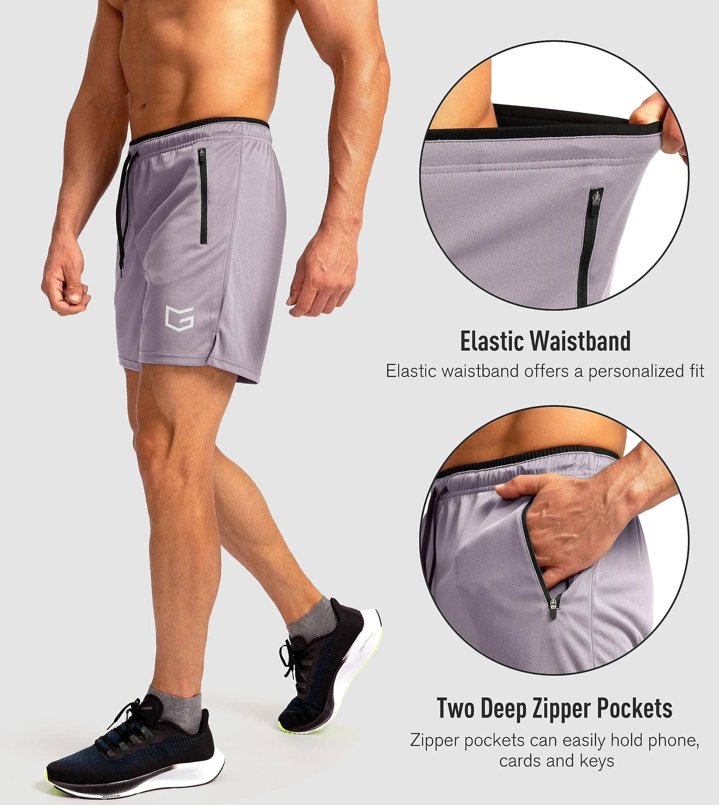 G Gradual Men's Running Shorts with Zipper Pockets Quick Dry Gym Athletic Workout 5" Shorts for Men (Light Grey)