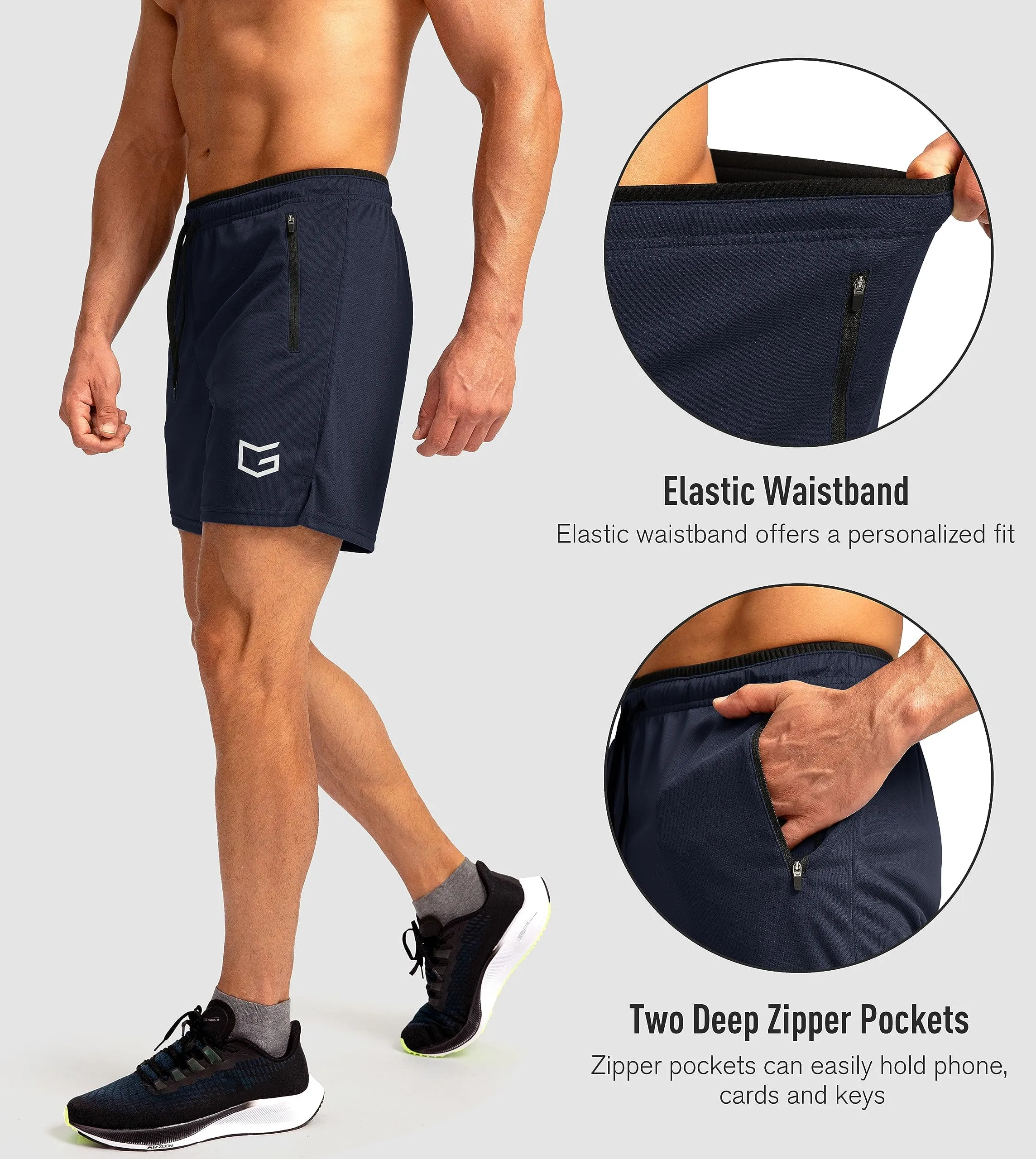G Gradual Men's Running Shorts with Zipper Pockets Quick Dry Gym Athletic Workout 5" Shorts for Men (Navy)