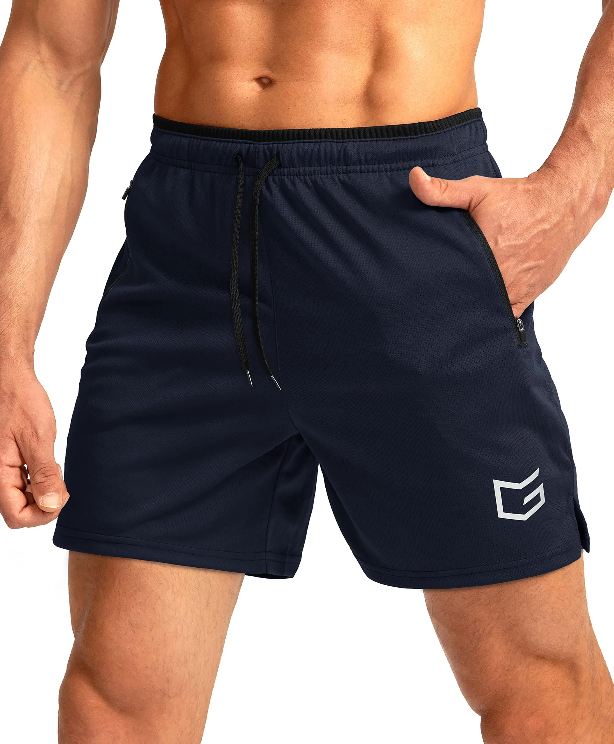 G Gradual Men's Running Shorts with Zipper Pockets Quick Dry Gym Athletic Workout 5" Shorts for Men (Navy)