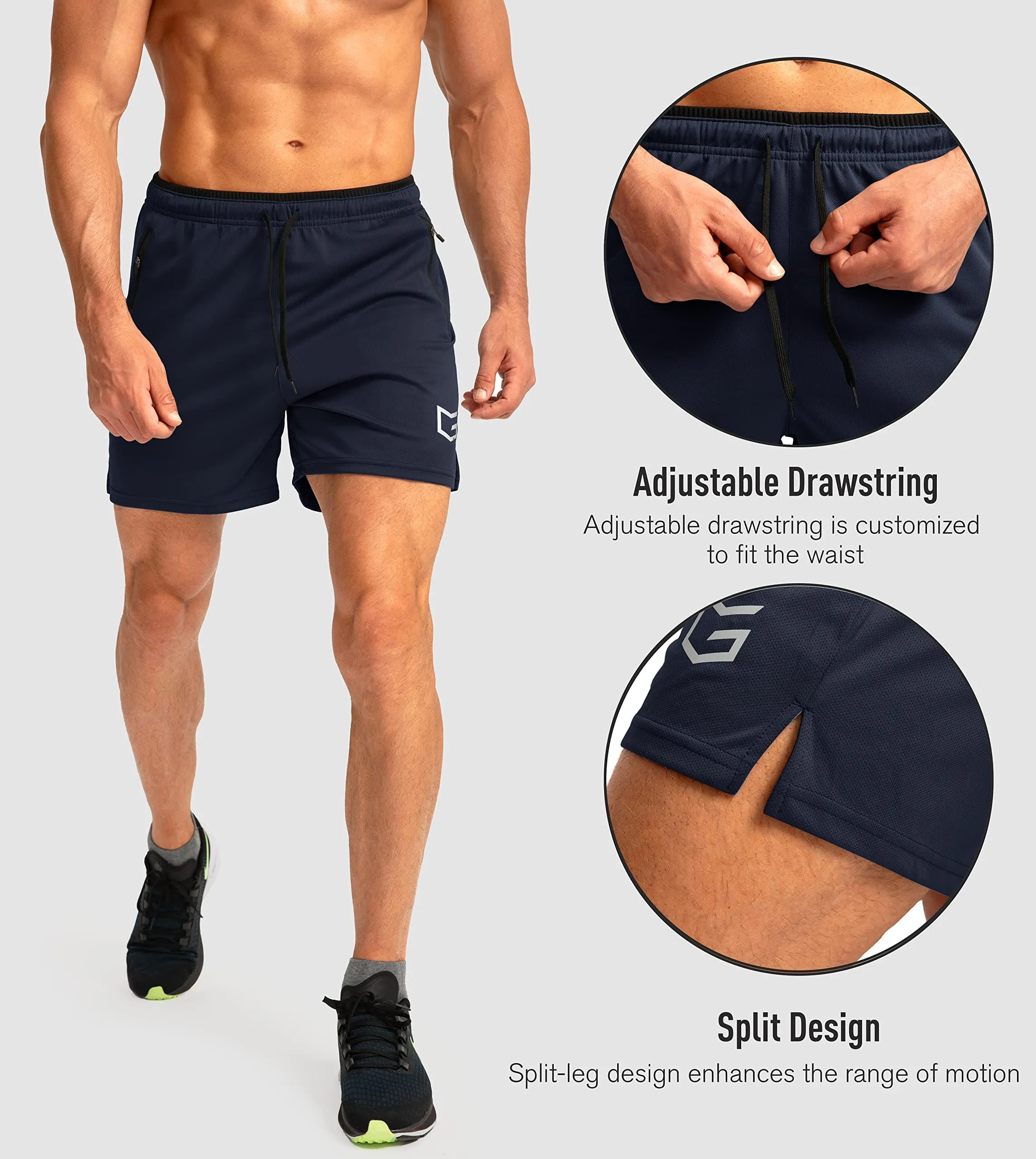 G Gradual Men's Running Shorts with Zipper Pockets Quick Dry Gym Athletic Workout 5" Shorts for Men (Navy)