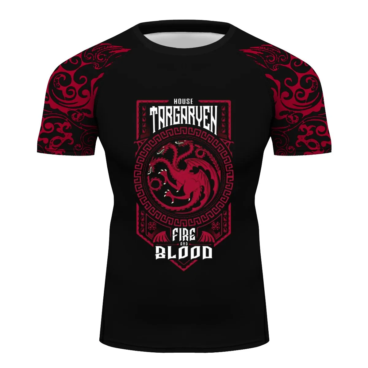 Game of Thrones House Targaryen Short Sleeve Compression Training Rash Guard for MMA BJJ Wrestling